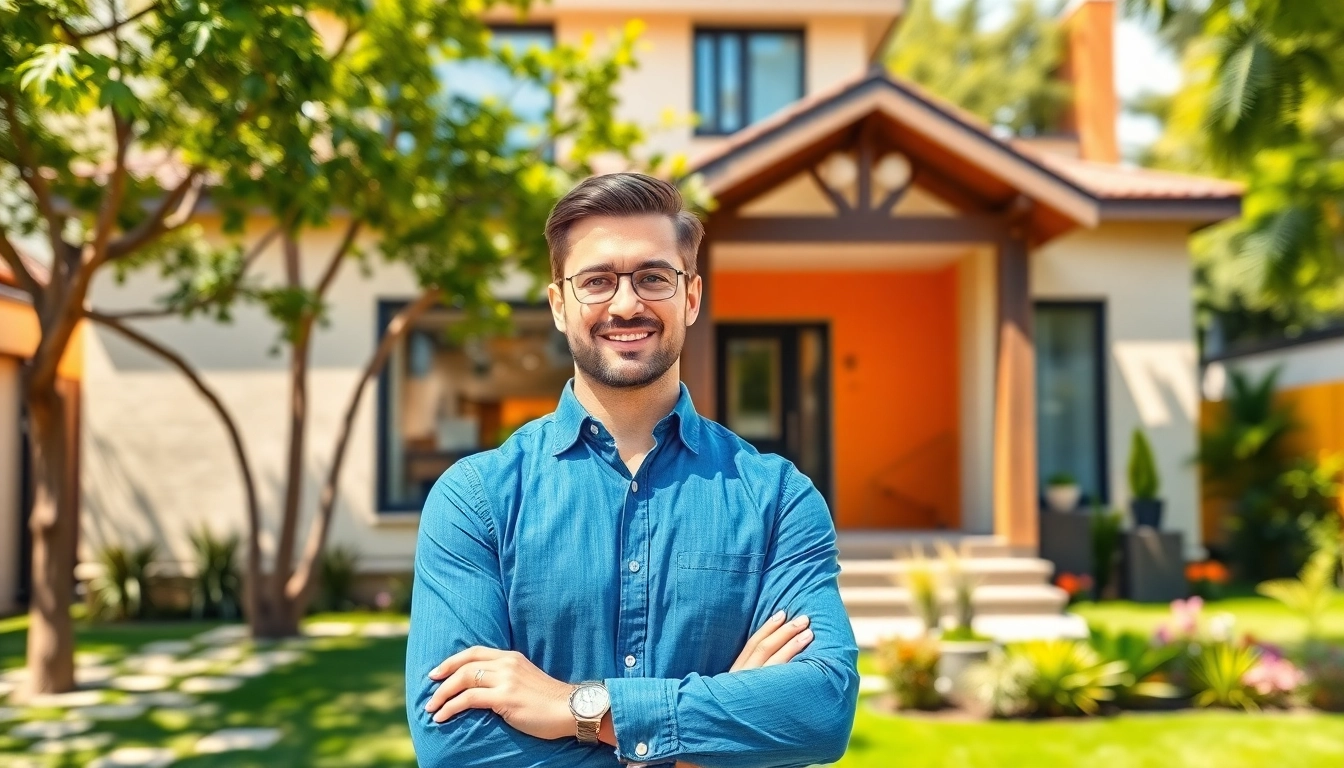 Real Estate agent presenting a stylish home in a bright and inviting urban environment.