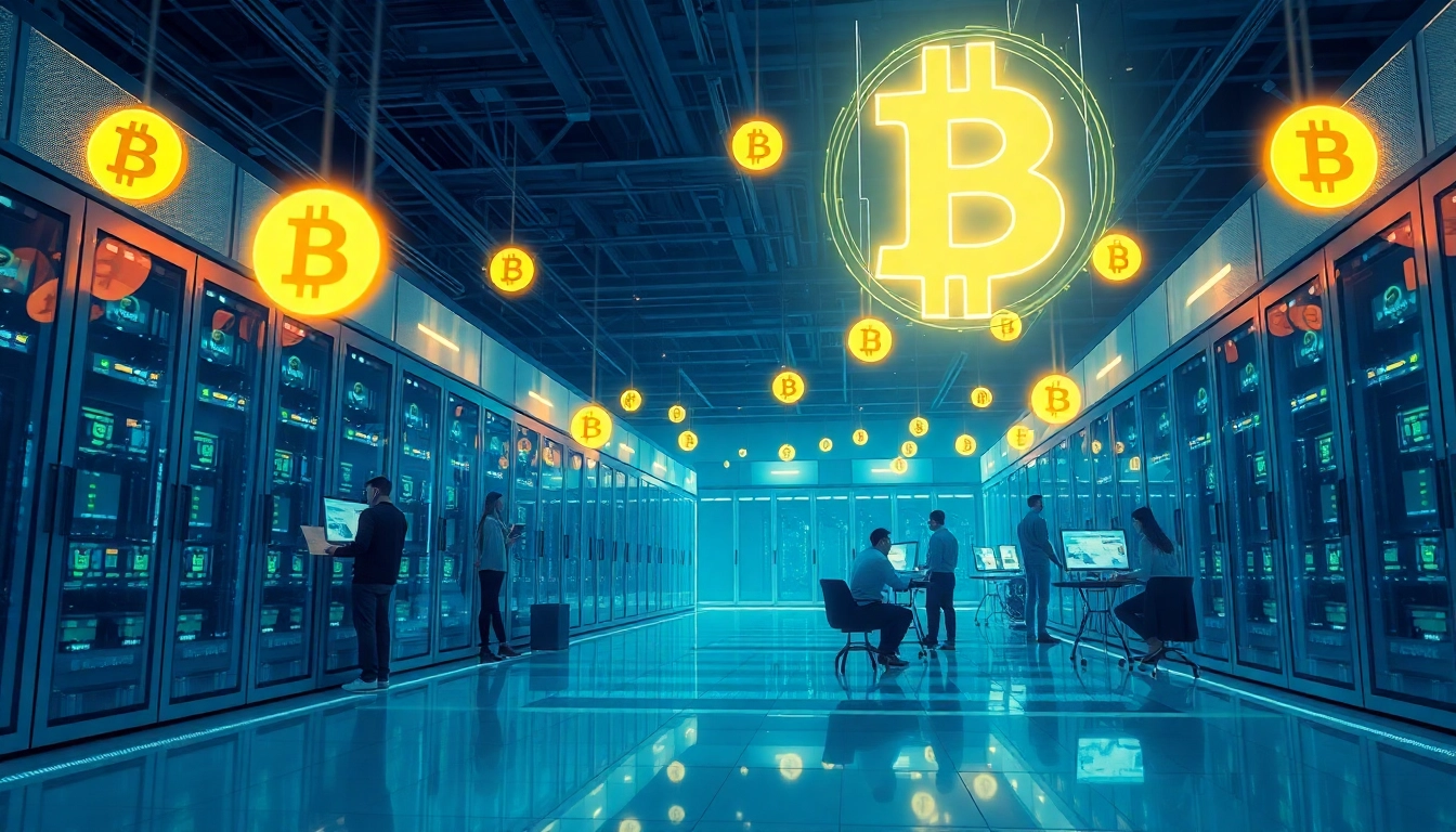 Visual representation of bitcoin cloud mining, featuring advanced server farms and digital currency symbols.