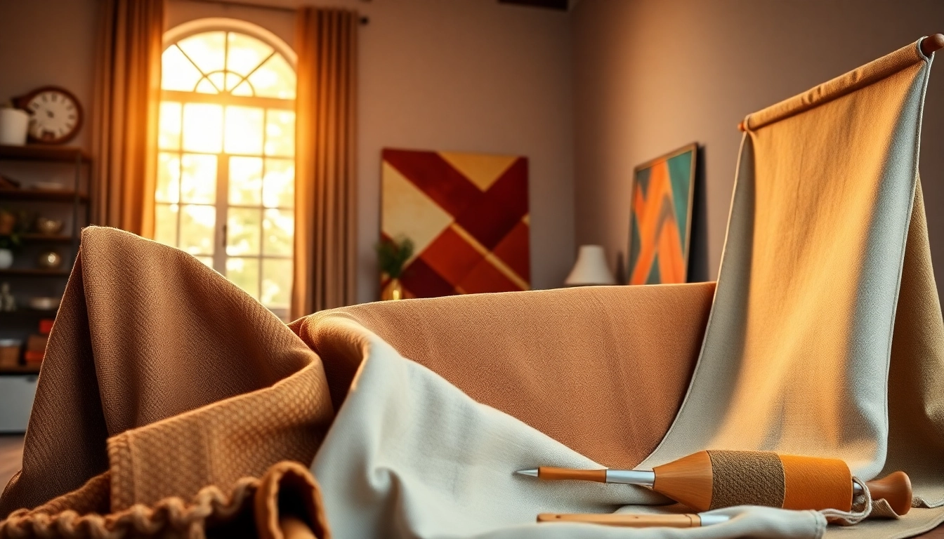 Canvas stoffen veelzijdig gepresenteerd in een stijlvolle thuisomgeving met warme verlichting.