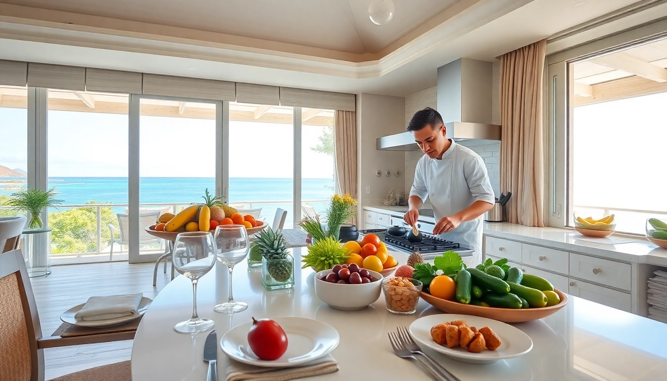 St Martin Private Chef showcases culinary skills in a luxurious kitchen setting with vibrant ingredients.