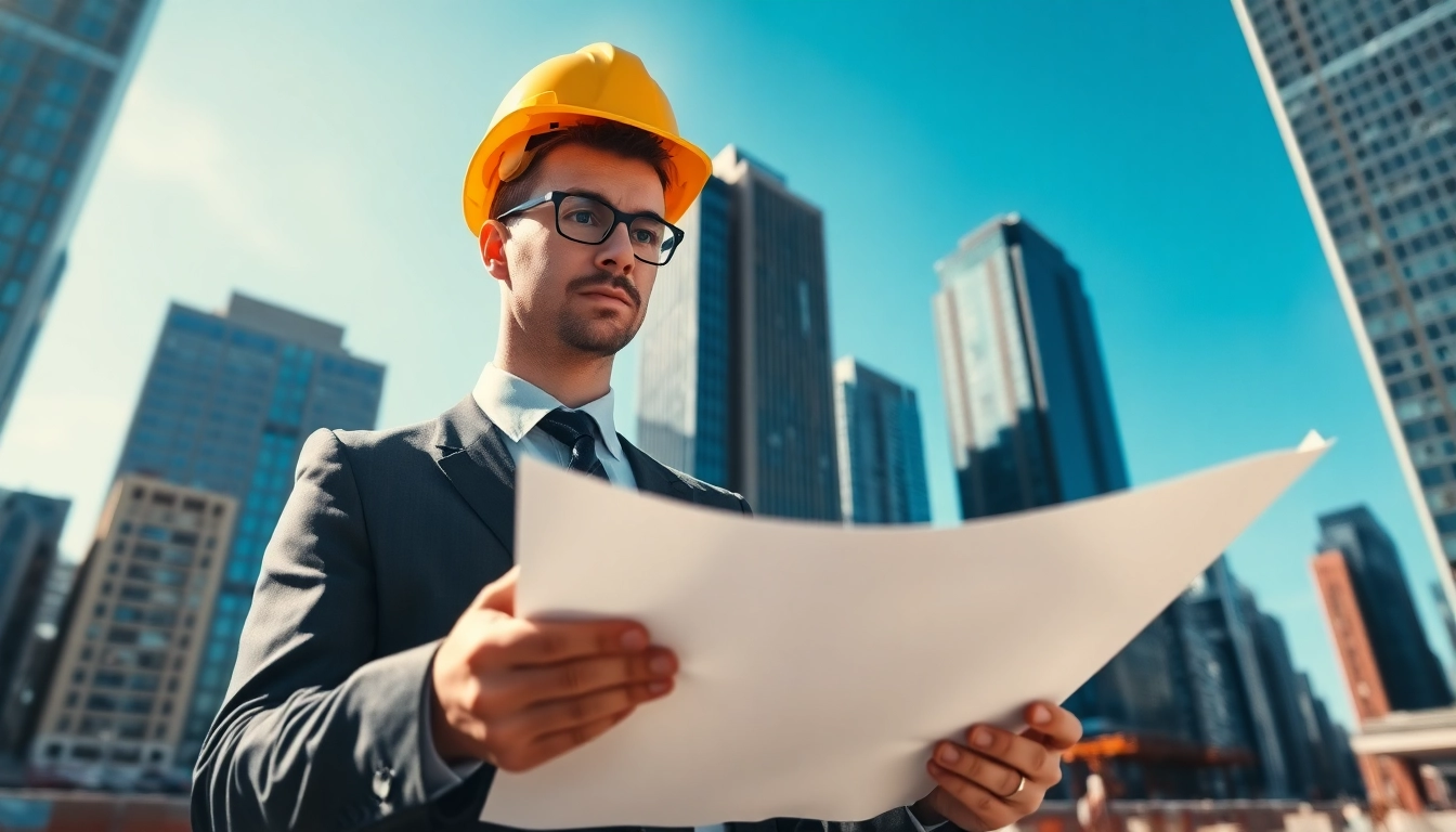 New York Construction Manager analyzing blueprints on a bustling construction site.