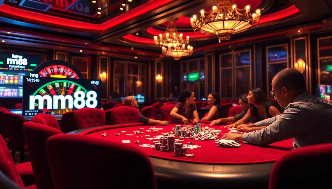 Experience the thrill of mm88 at a luxurious poker table bursting with vibrant action and colorful chips.