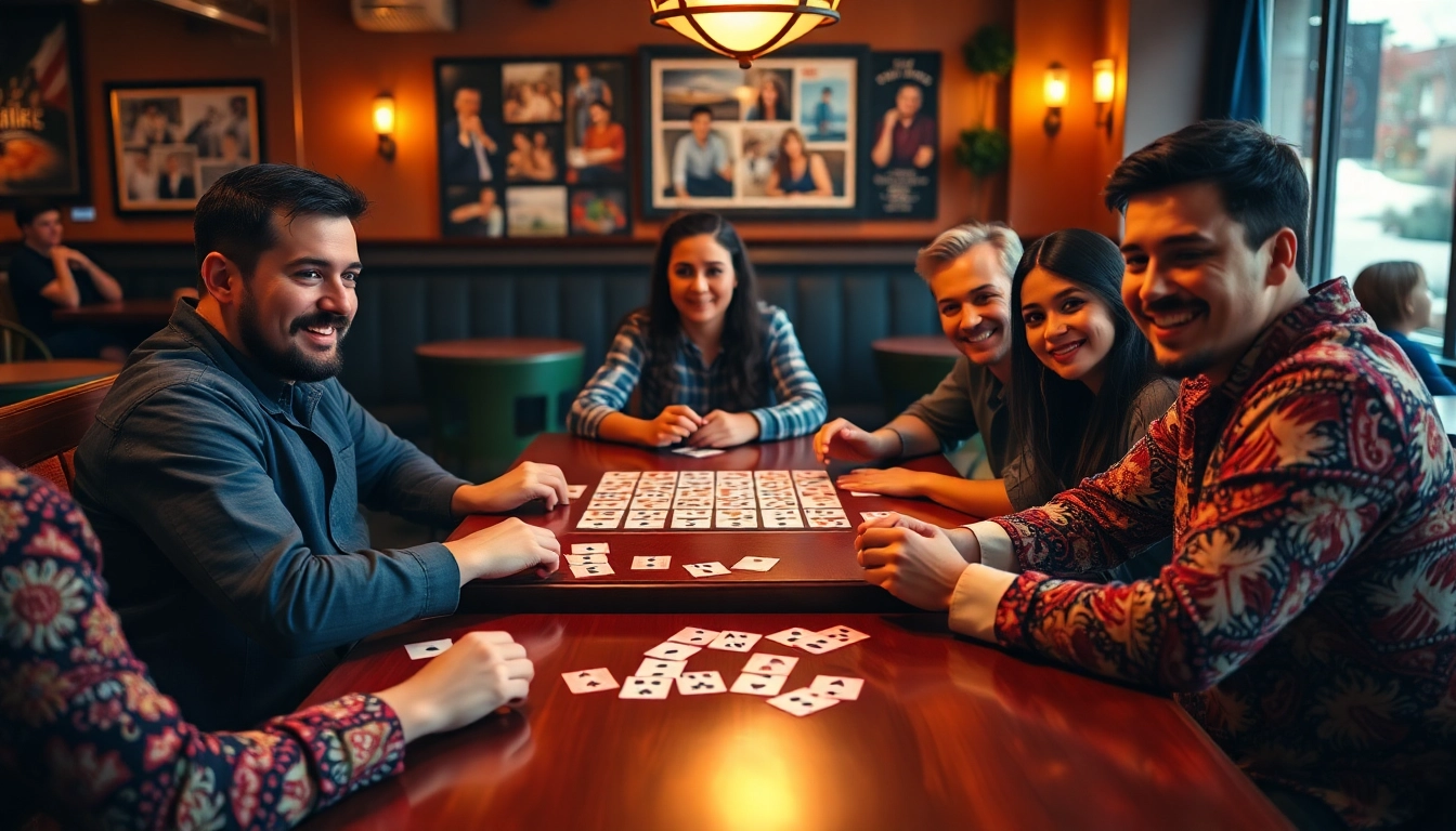 Enjoying a lively game of Ok Rummy with friends at a cafe, featuring vibrant cards and joyous interactions.