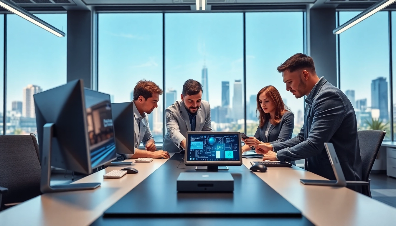 Engaged group of professionals showcasing technology solutions in a modern workspace.