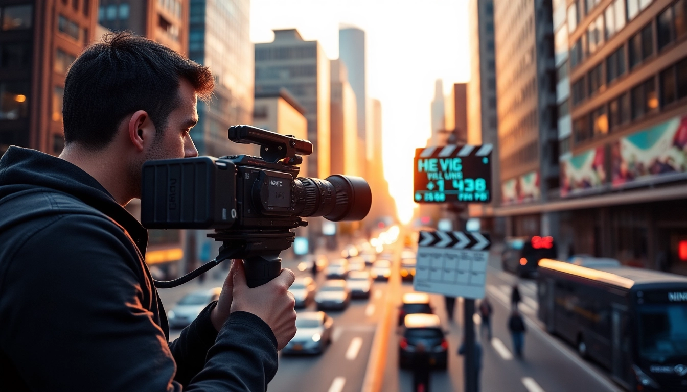 Capture of commercial videography in action, showcasing a videographer amidst a bustling cityscape.