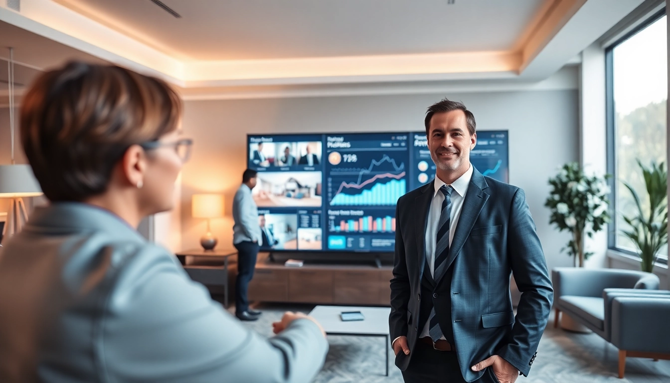 Showcase of real estate listings by an agent in a modern office environment.