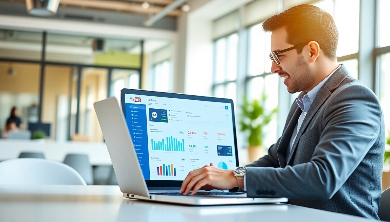 Analyze the best features of a youtube smm panel interface on a laptop in a modern office.