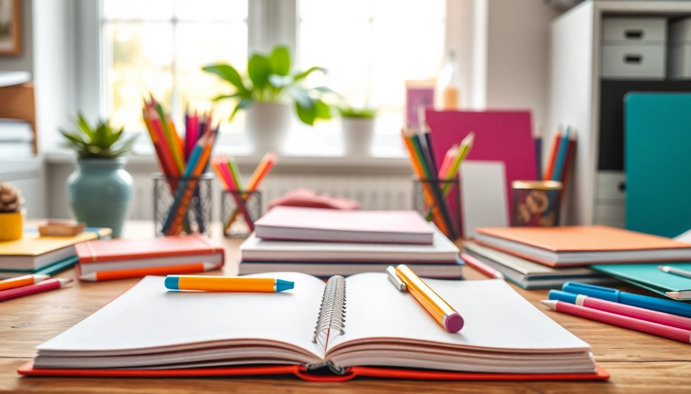 Engaging stationery uk display featuring colorful notebooks and writing materials on a bright desk.