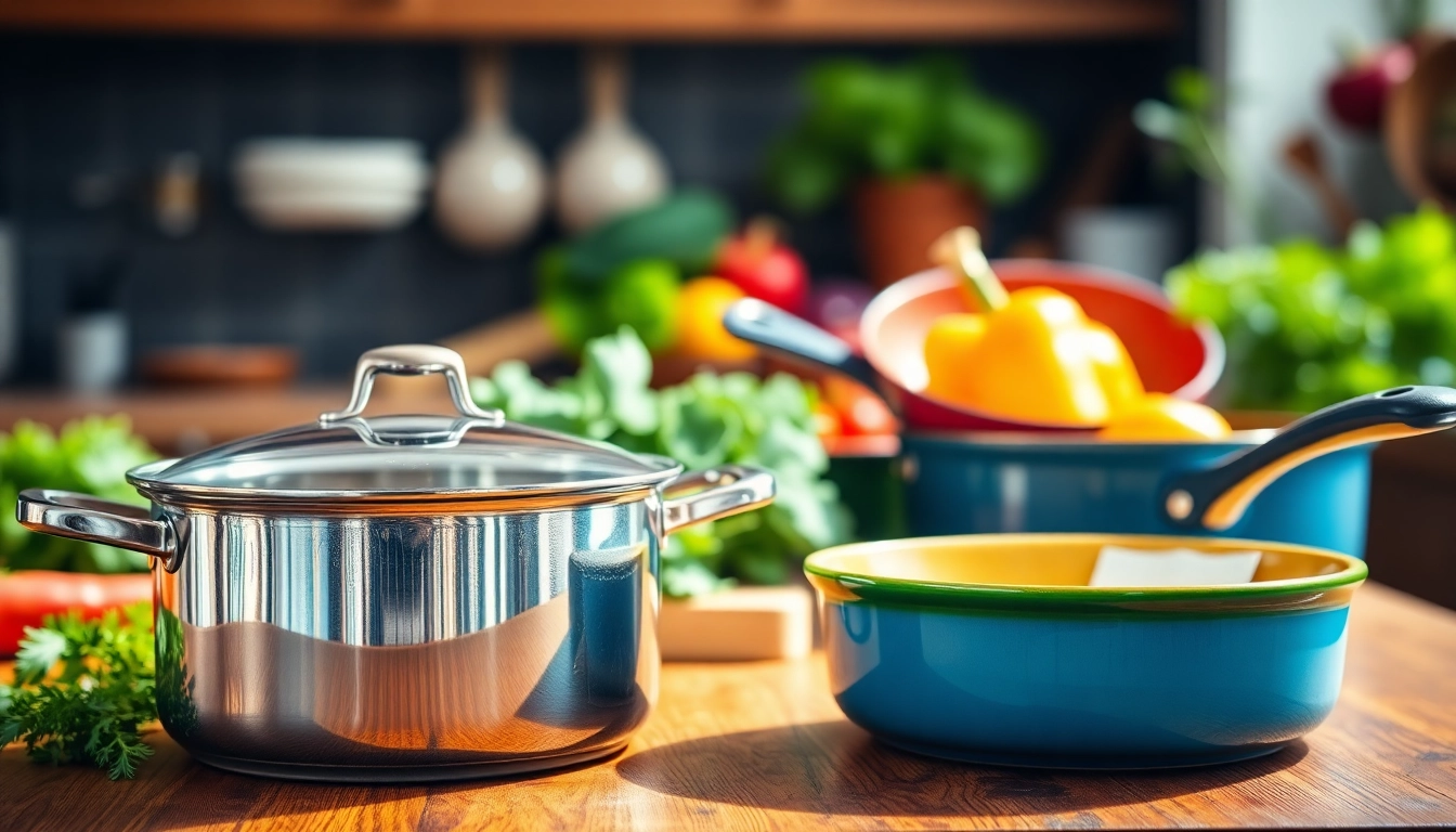 Showcasing cookware including vibrant ceramic and stainless steel options on a rustic kitchen counter.
