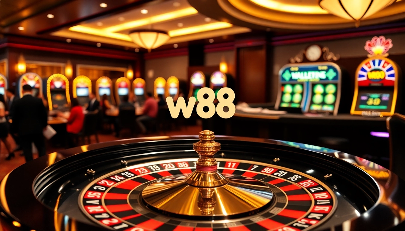 Trải nghiệm sự phấn khích của W88 tại một casino sang trọng với roulette và máy đánh bạc.