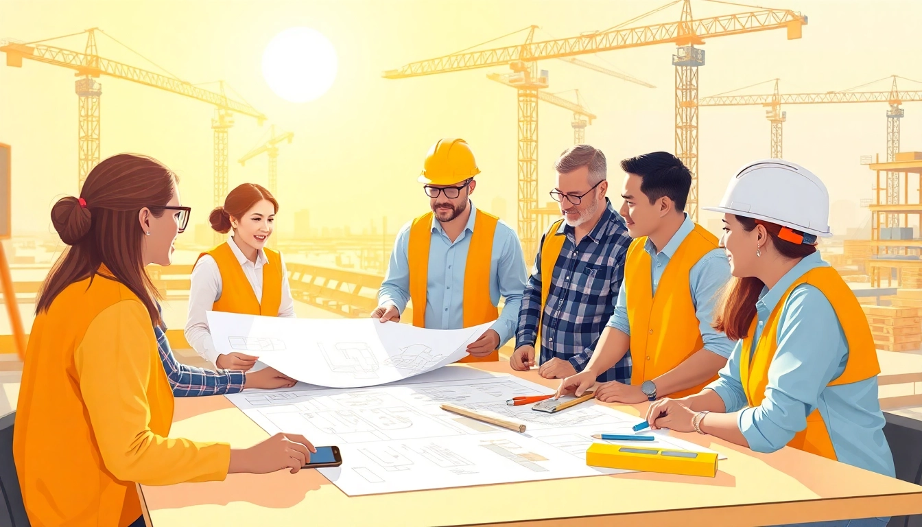 Collaborating contractors from the southern california contractors association on a project with blueprints and tools.