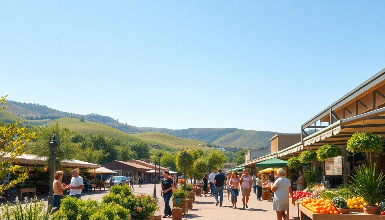 Families enjoying a sunny day in Clarksburg's vibrant town square with local vendors.