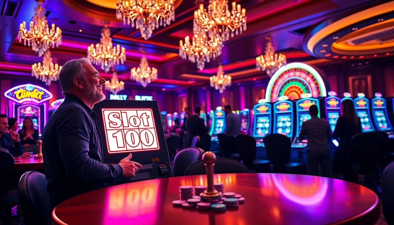Excited player making a slot bet 100 at a luxury casino, capturing the thrill of gambling.