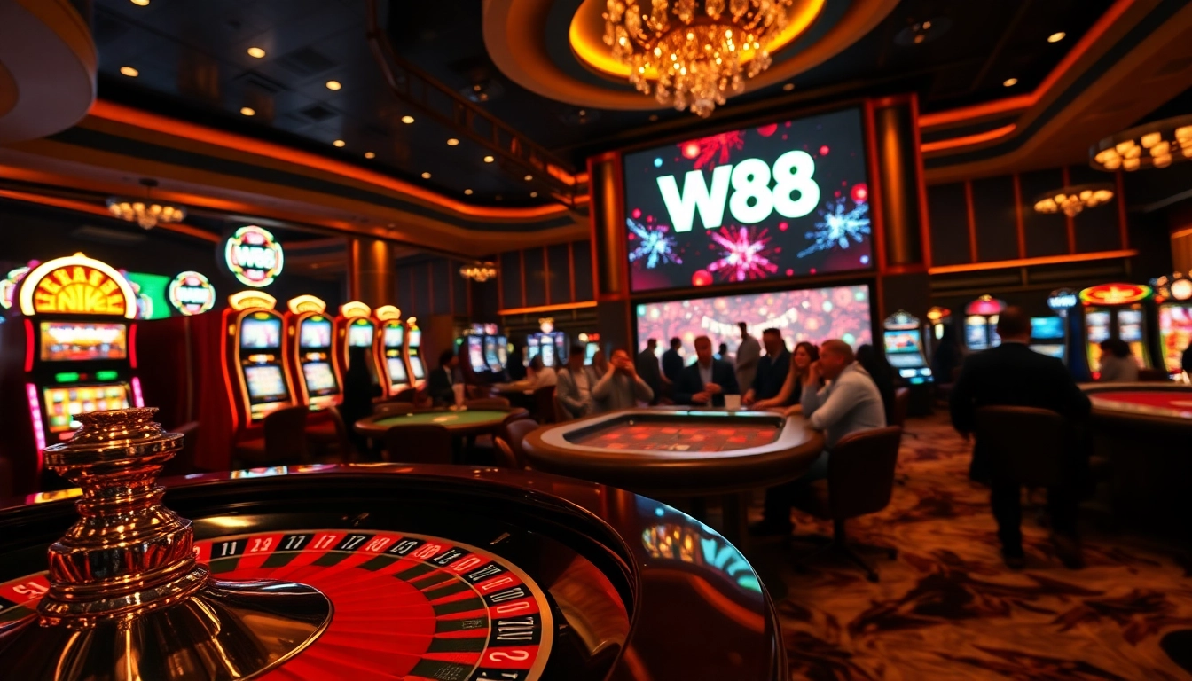 W88 casino scene showcasing roulette, slot machines, and excited players in a luxurious atmosphere.