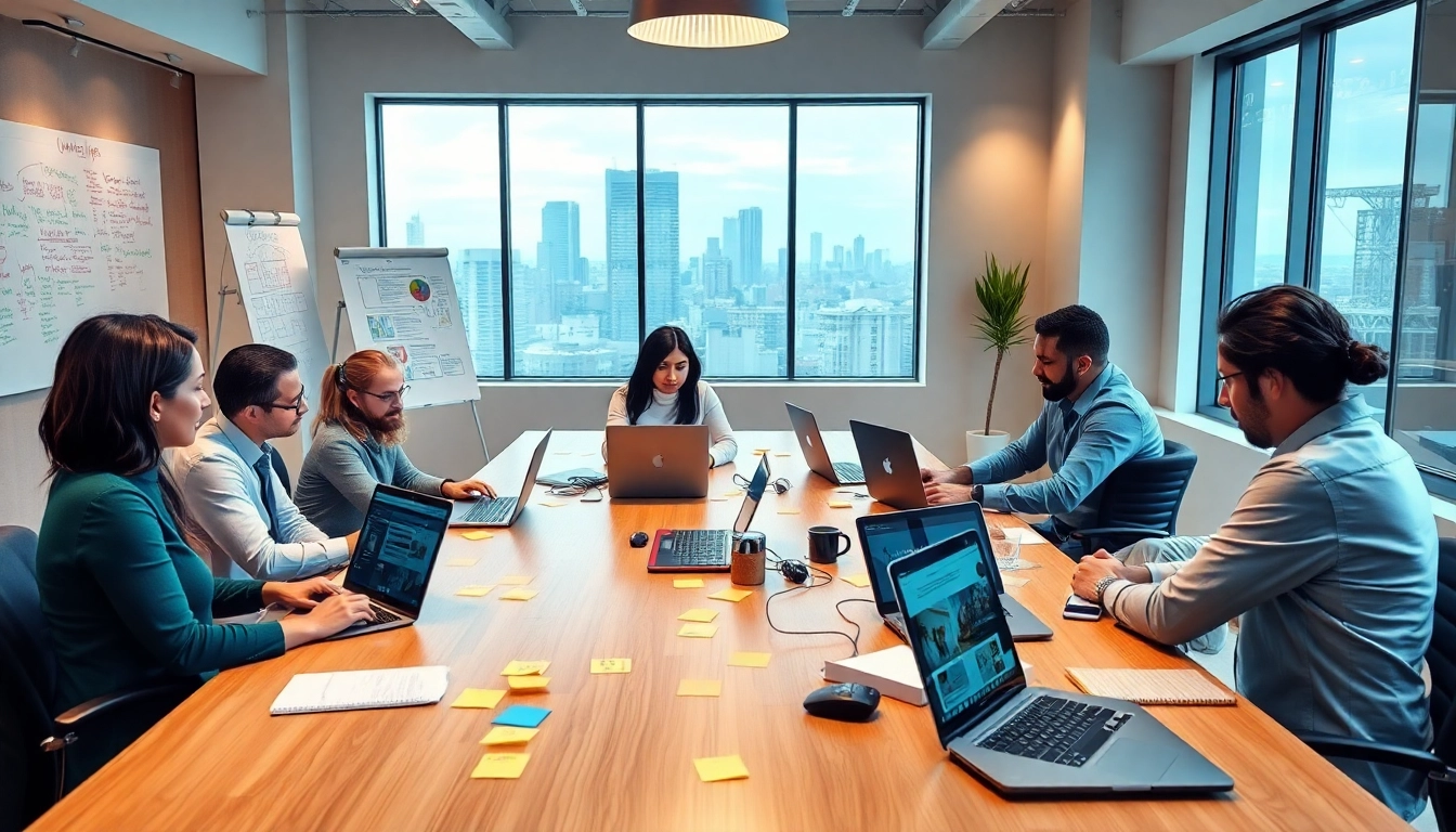 Professional team collaborating at a web design firm, showcasing công ty thiết kế website elements.