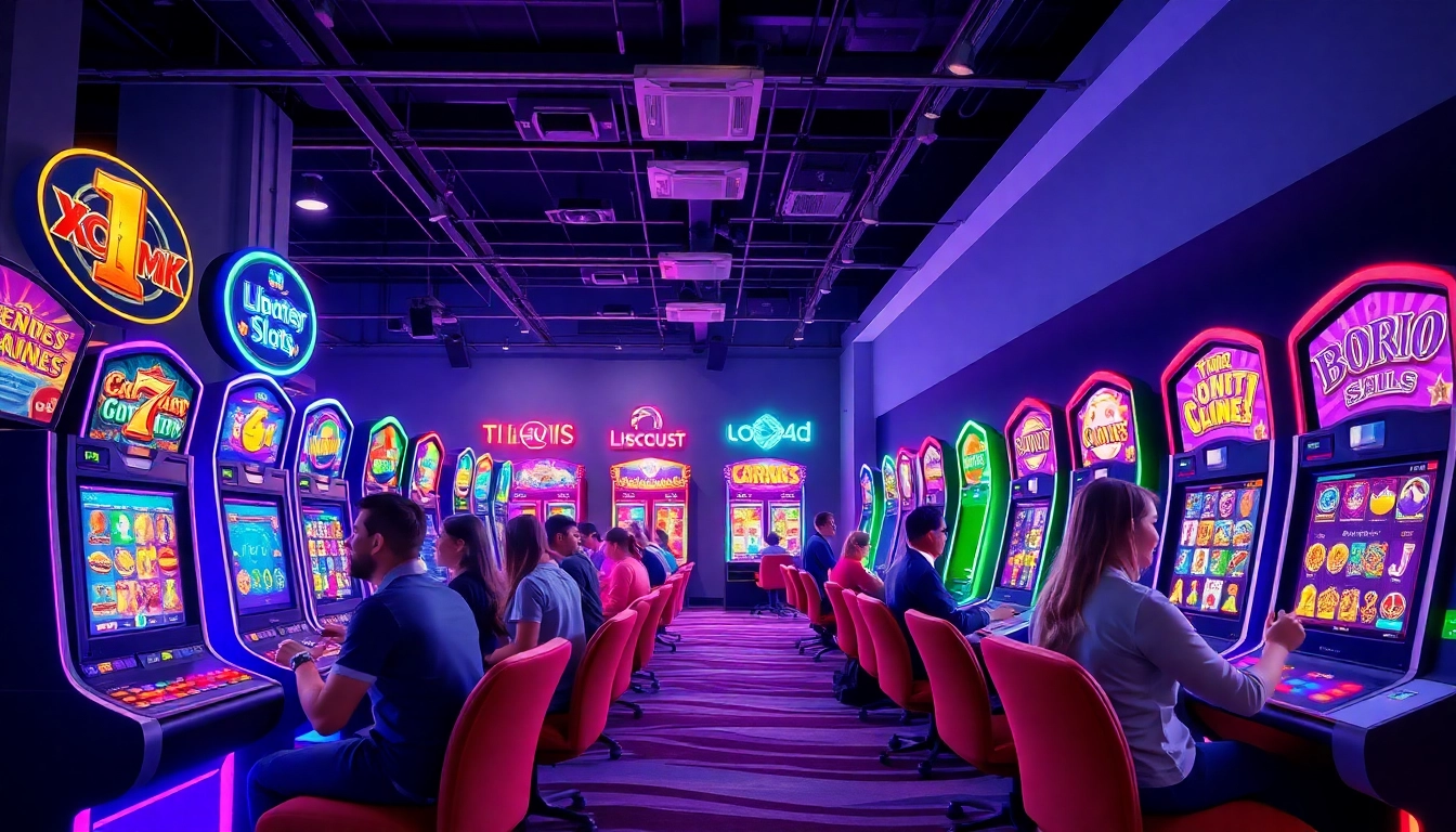 Kode4d gaming environment with vibrant slot machines and excited players.