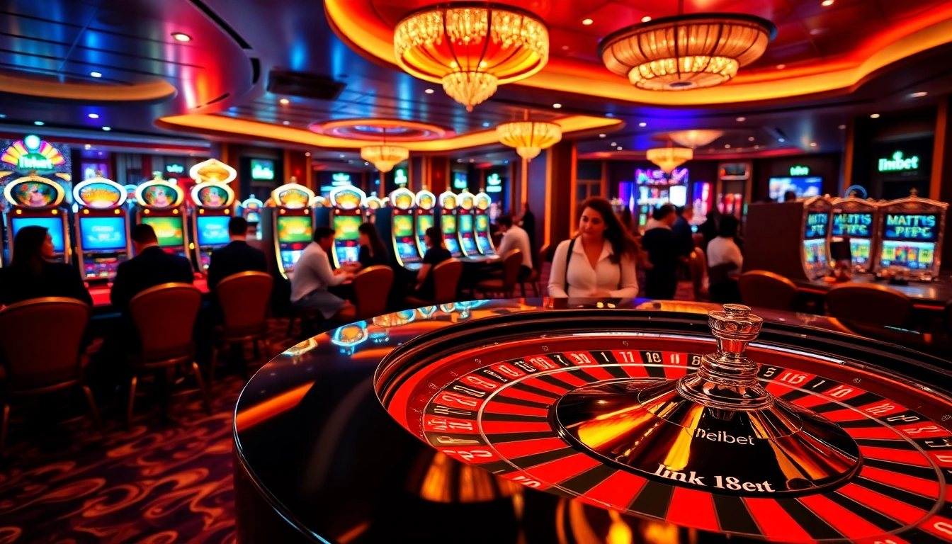 Experience excitement at link 188bet with players enjoying roulette and slots in a luxurious casino.