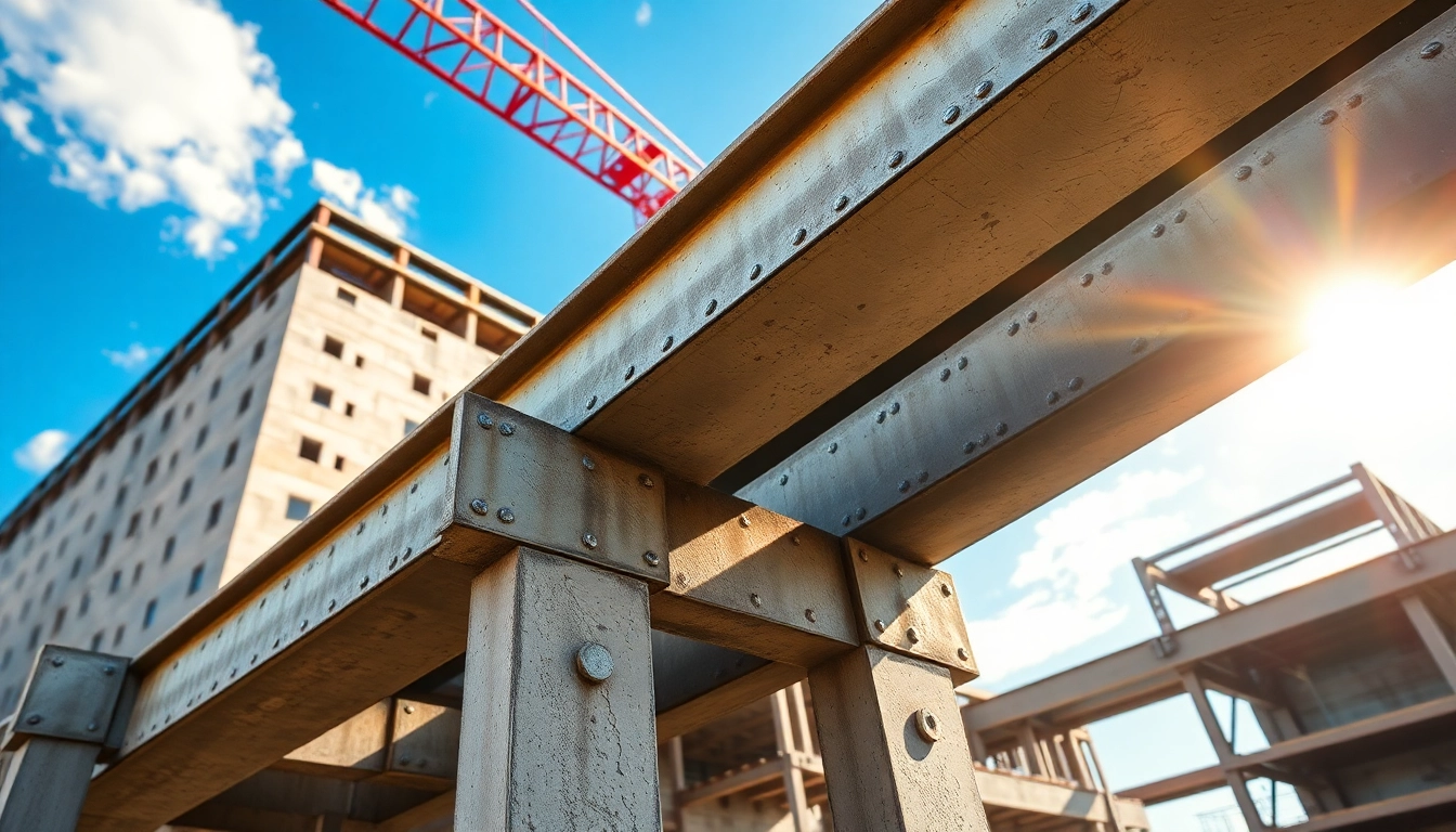 Visual representation of structural steel construction showcasing assembly of steel beams on site.