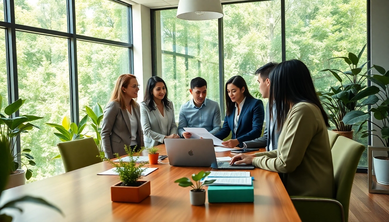 Engaged team members of an environmental law firm collaborating in a bright, sustainable office.