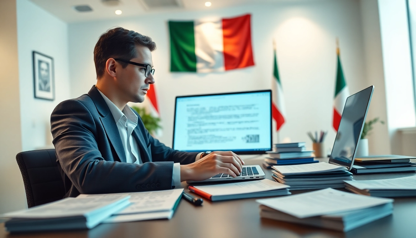 Traducteur italien assermenté travaillant dans un bureau moderne, démontrant le professionnalisme et l'expertise en traducteur assermenté italien.