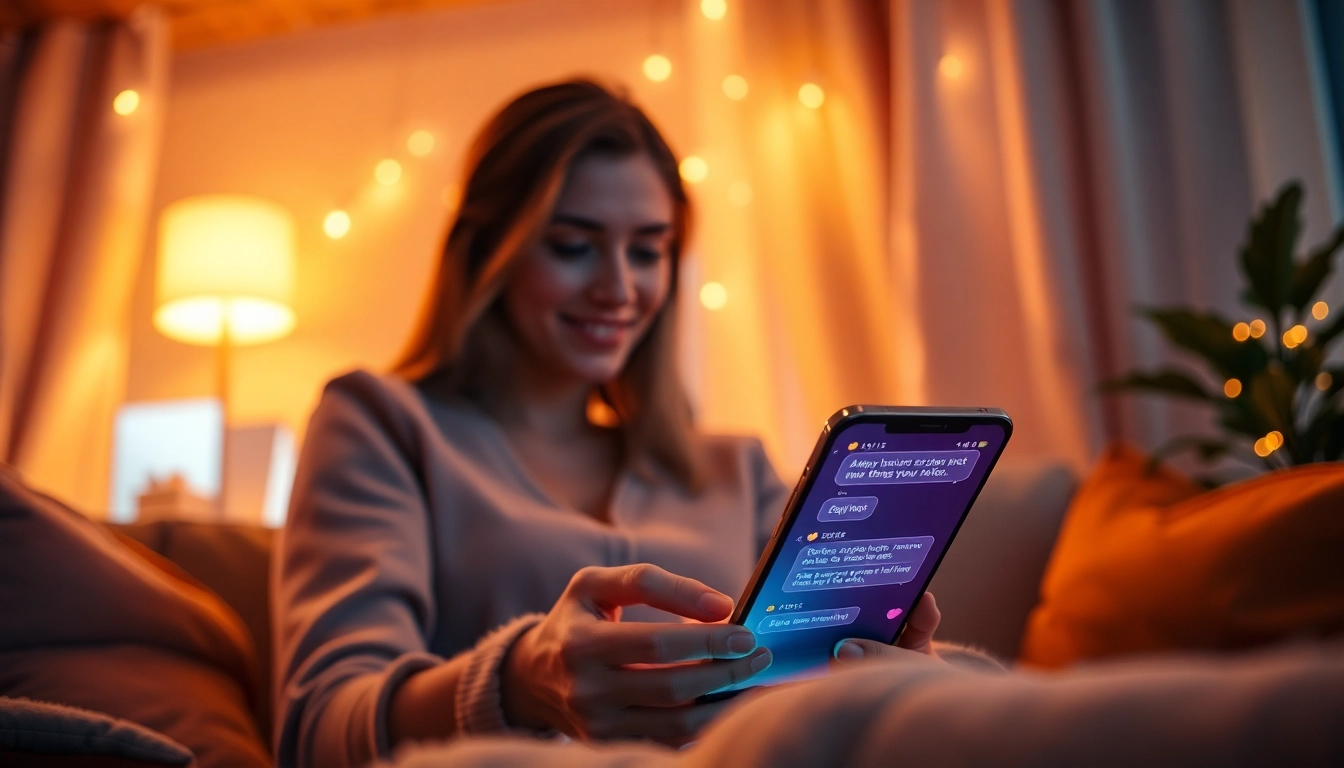 Engaging ai sexting experience with a user chatting on a sleek device in a romantic setting.