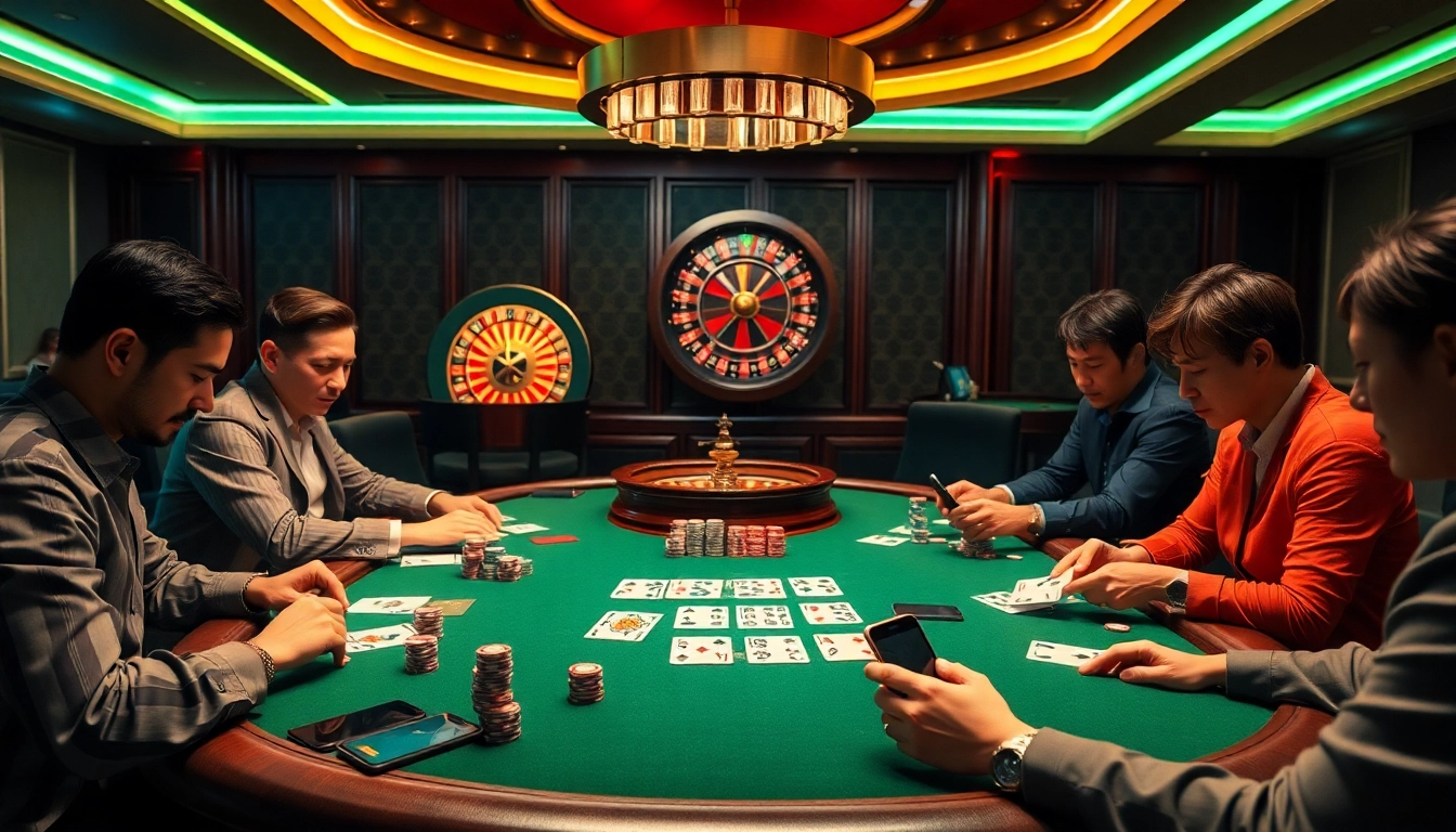 Players at a luxurious poker table engaging in 상품권소액결제 while experiencing high-stakes excitement.