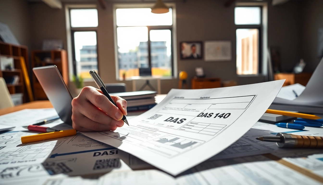 Contractor completing DAS 140 form with blueprints in a well-lit office