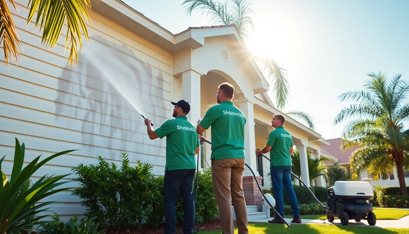 Soft wash service in Kissimmee, FL, with professionals cleaning a house exterior using eco-friendly methods.