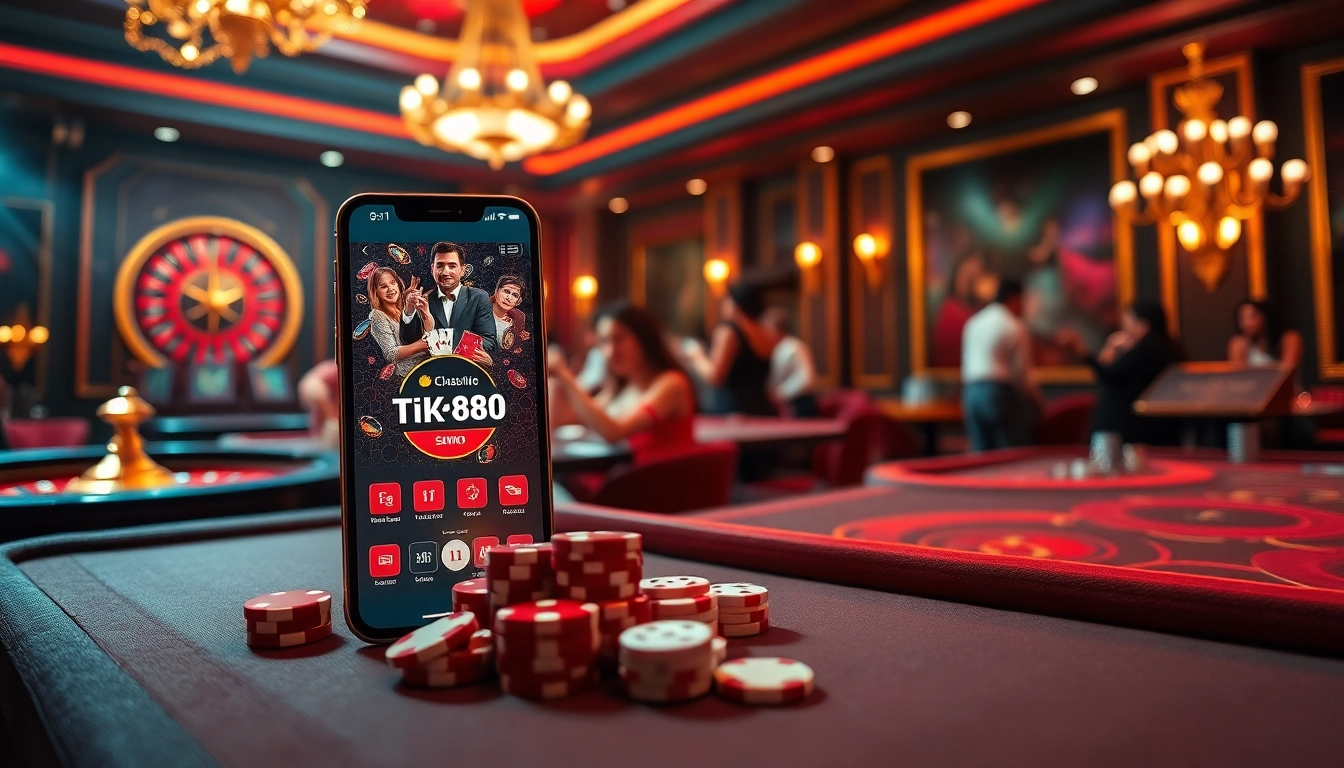 Ứng dụng Tik88 hiển thị trên điện thoại thông minh giữa bối cảnh casino sống động với roulette và các trò chơi bàn hấp dẫn.