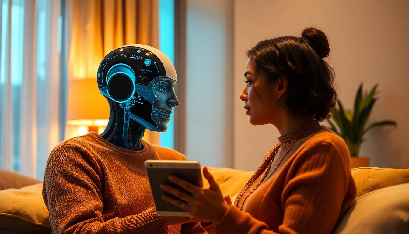 Engaging ai sex technology in a cozy modern setting with a digital companion.