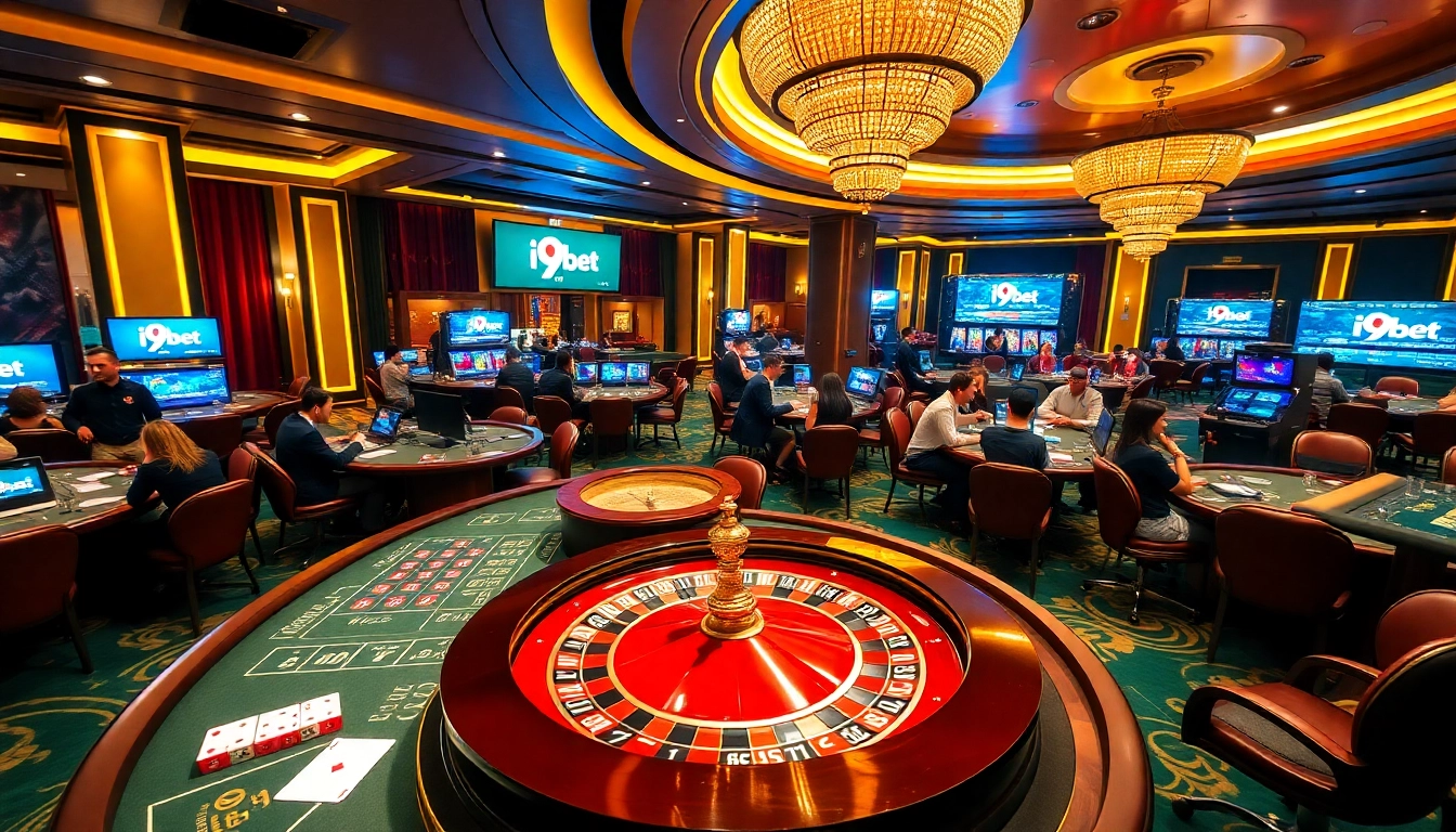 Players enjoying vibrant games at i9bet's luxurious casino, showcasing excitement and engagement.
