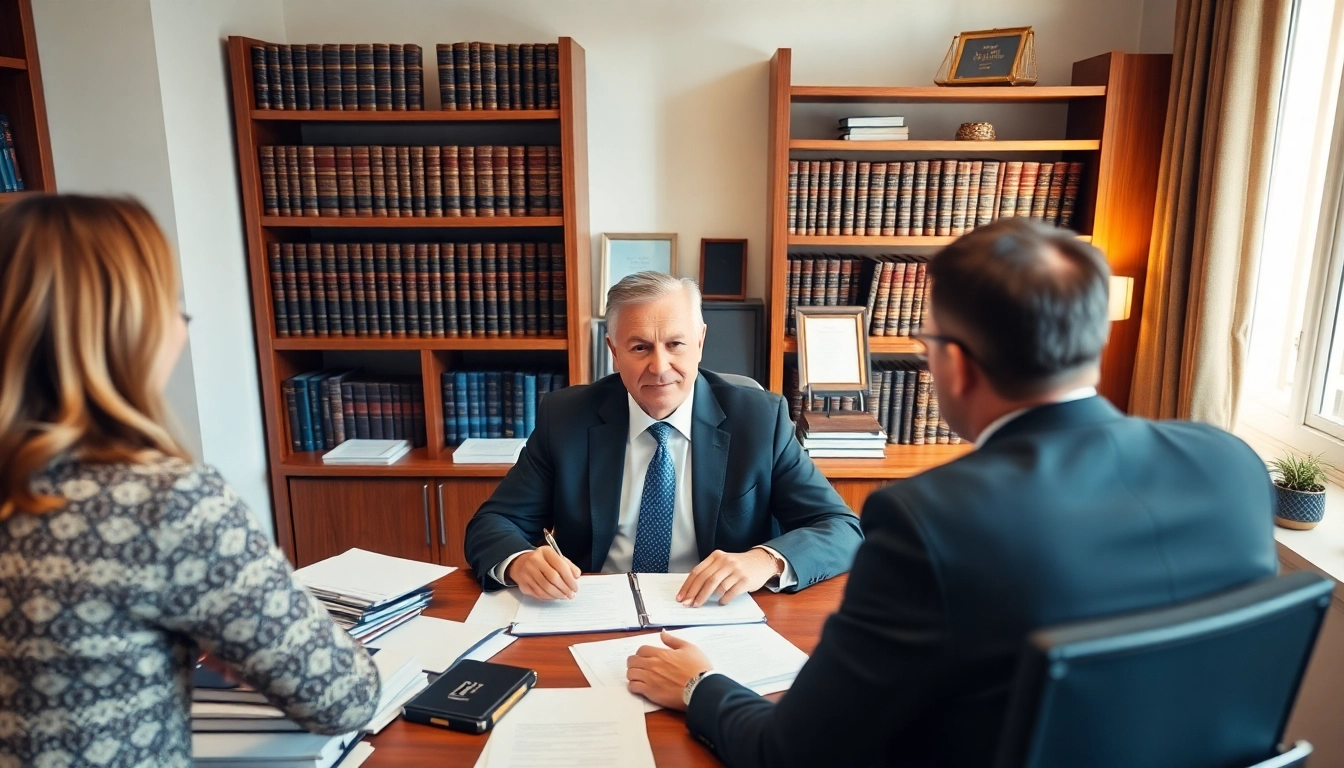 Engaged eminent domain lawyer consulting with clients in a professional office setting.