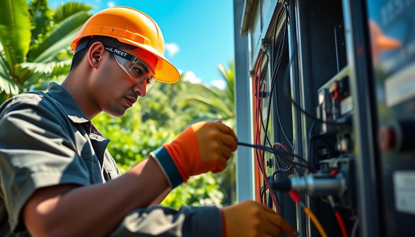 Electrician apprenticeship Hawaii featuring a professional electrician working on electrical panels amidst lush Hawaiian greenery.