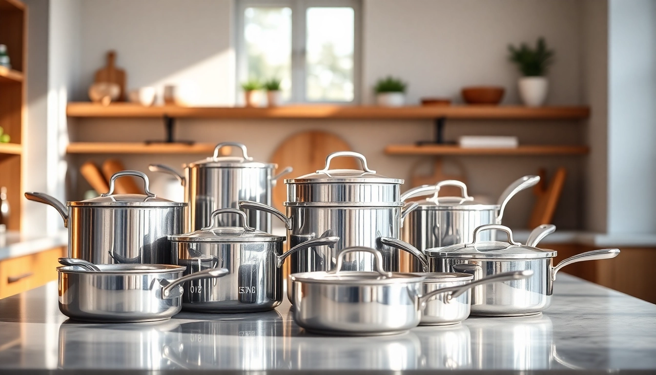 Stainless steel cookware NZ displayed elegantly on a kitchen counter, showcasing the sleek design and shine.