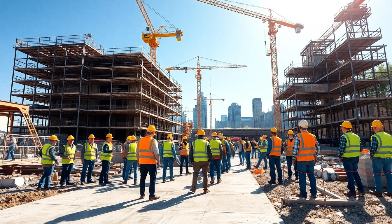 Workers collaboratively managing an Austin construction project, showcasing teamwork and activity.