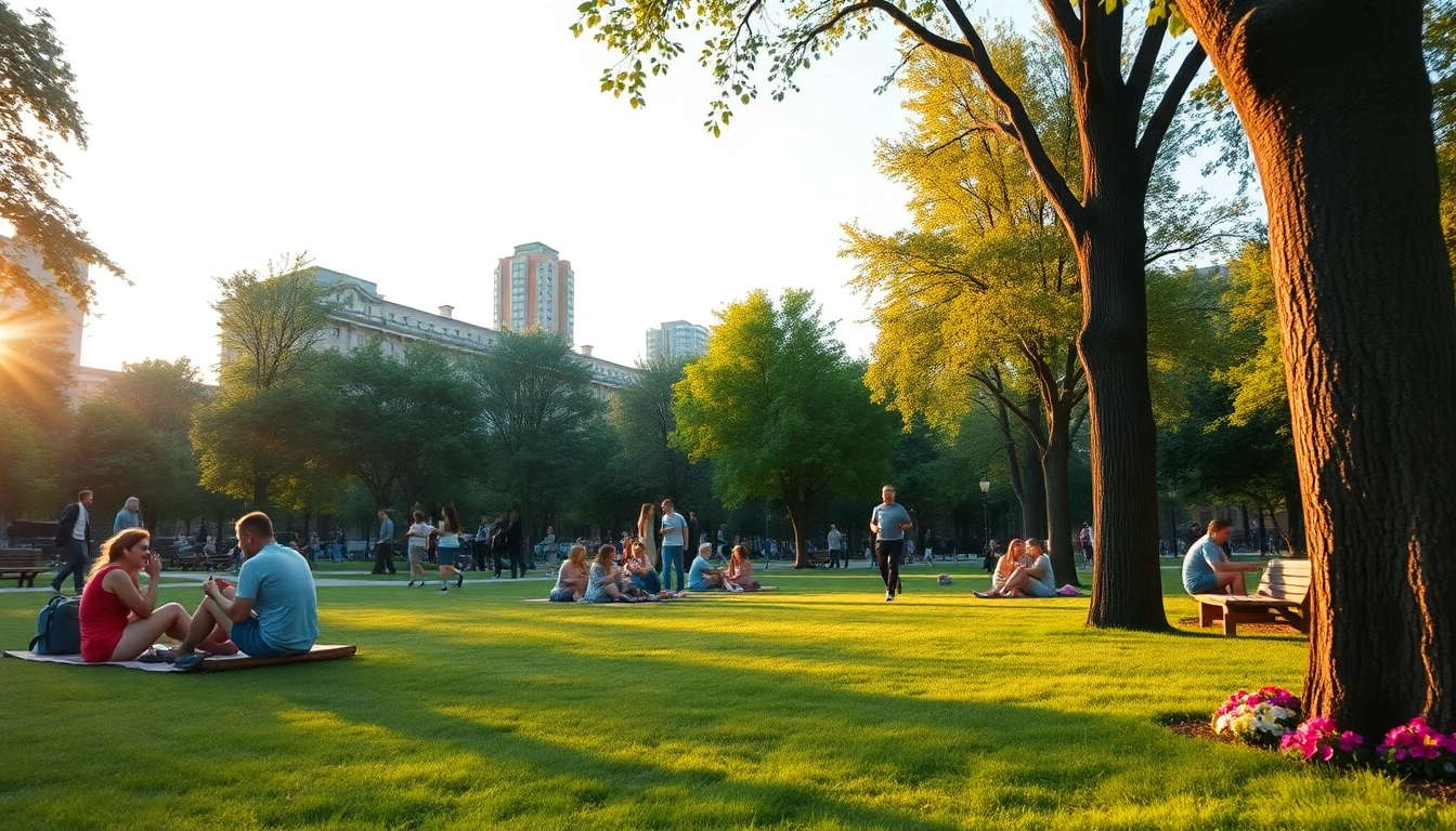 Engaging urban park scene promoting wellness and community with win55 activities.