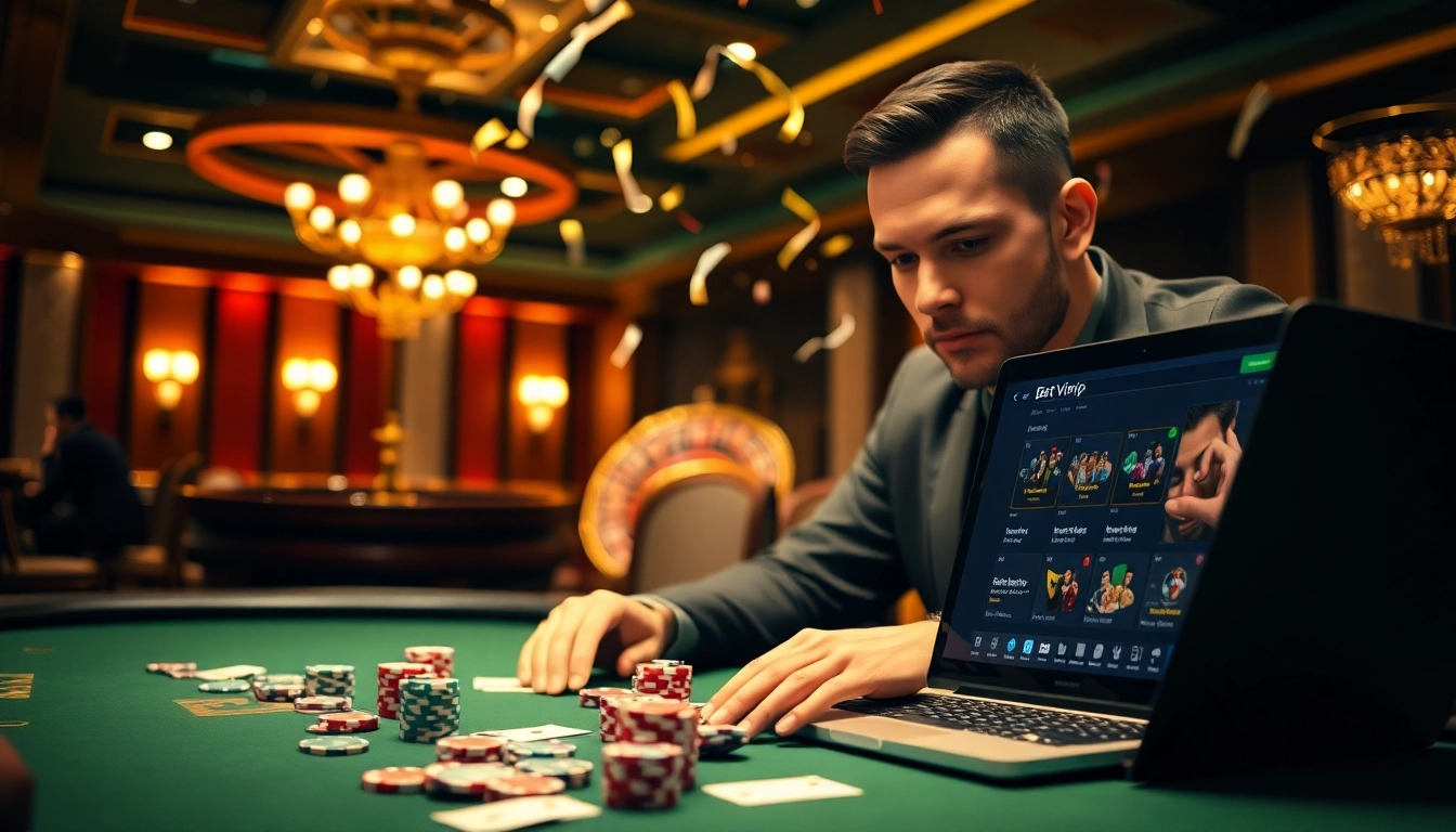 Trải nghiệm cảm giác hồi hộp của ứng dụng Bet VIP cùng một người cược chuyên nghiệp tại bàn casino sang trọng.