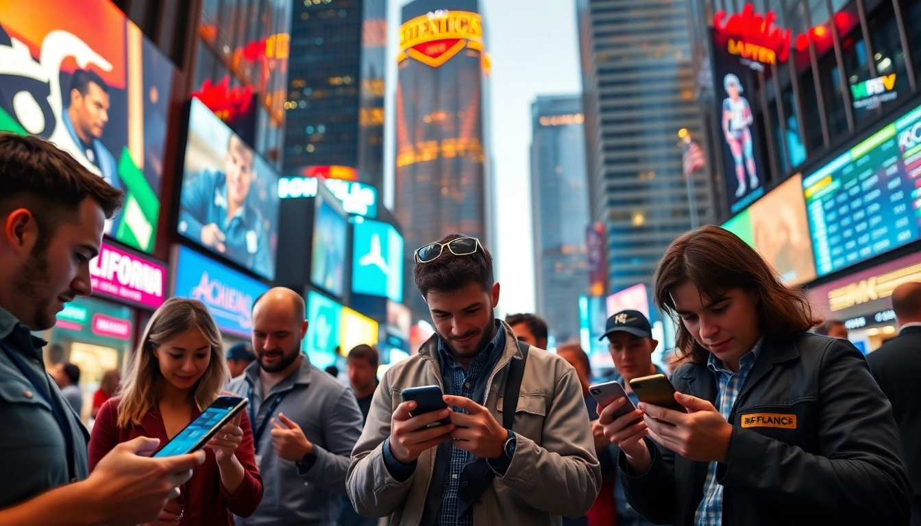 Engaging California sports betting environment showcasing bettors on mobile apps and iconic cityscapes.