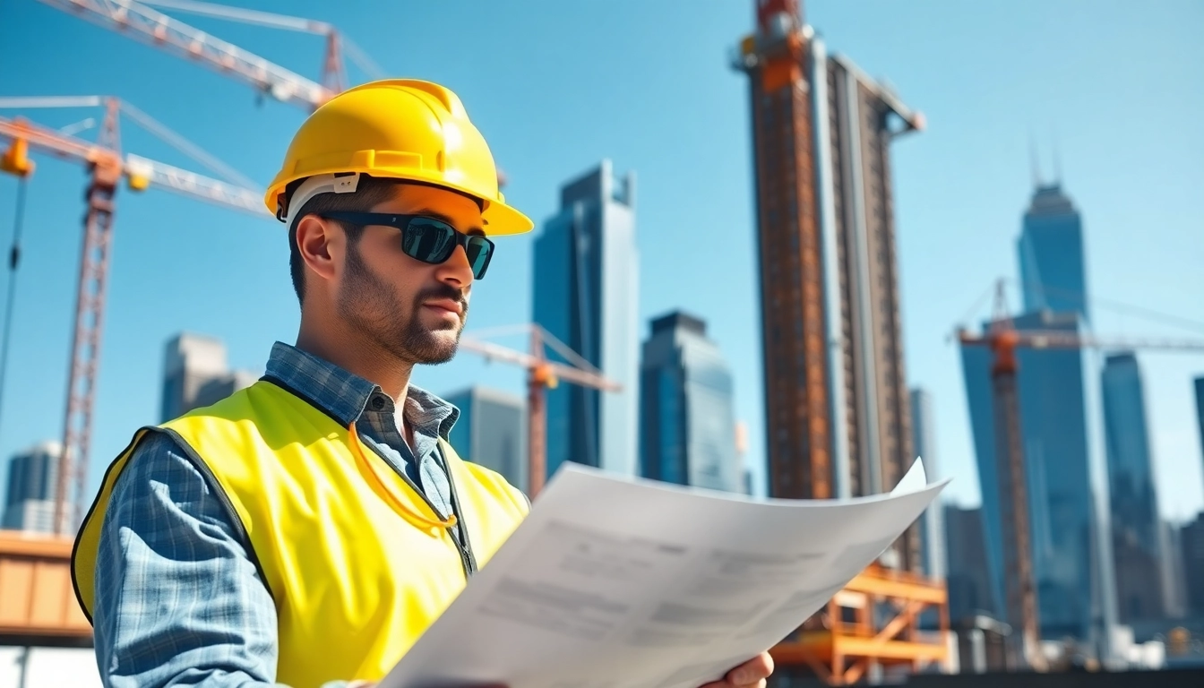 New York City Construction Manager evaluating plans on an active construction site.