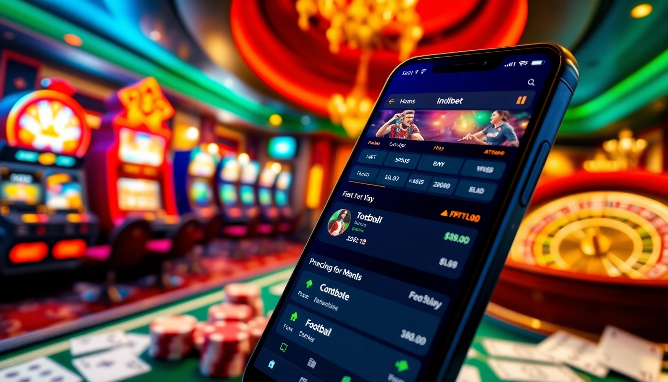 Experience the thrill of online betting with the Indibet betting app on a smartphone in a vibrant casino setting.