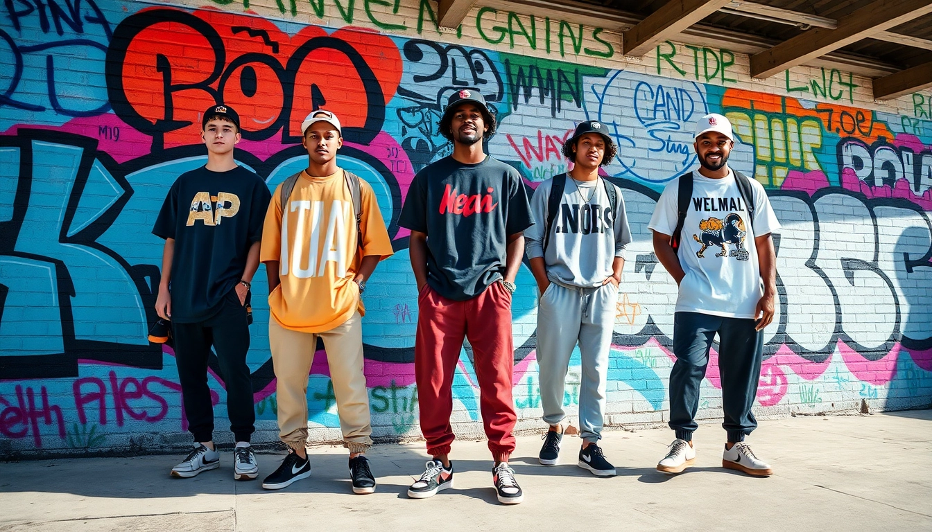 Shop the latest streetwear clothing online with trendy outfits against an urban backdrop.