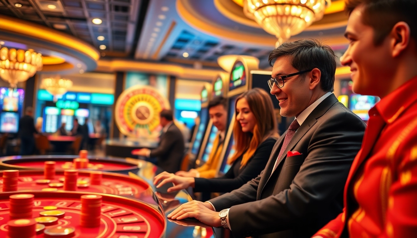 Para pemain menikmati sensasi mesin Toto Slot di kasino yang penuh warna.