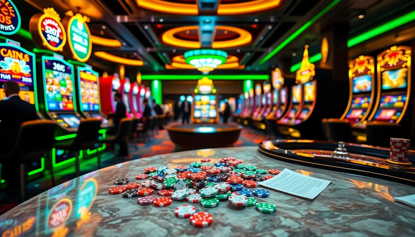 Situs Slot Terpercaya: Players celebrating wins at vibrant slot machines in an upscale casino environment.