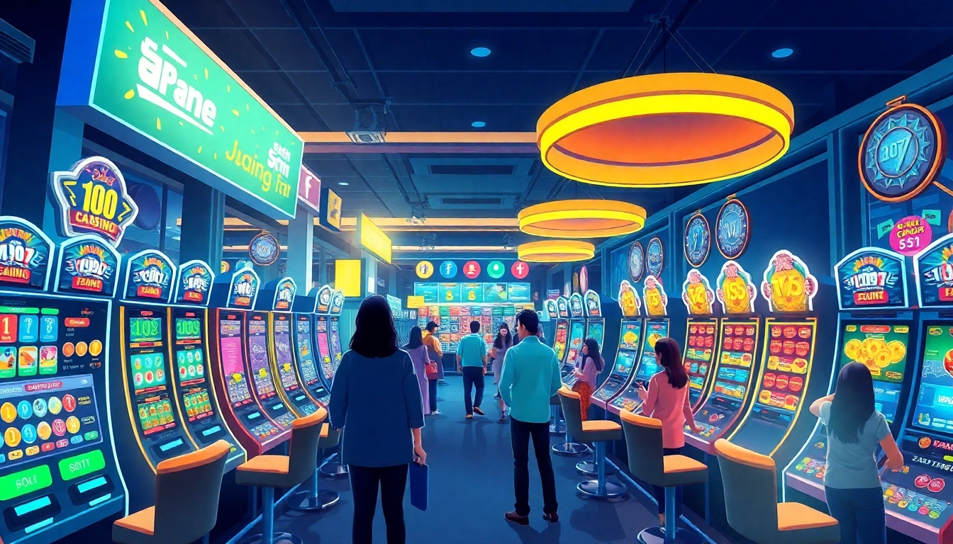 Exciting scene of a vibrant online gaming portal F168 with colorful slot machines and enthusiastic players.