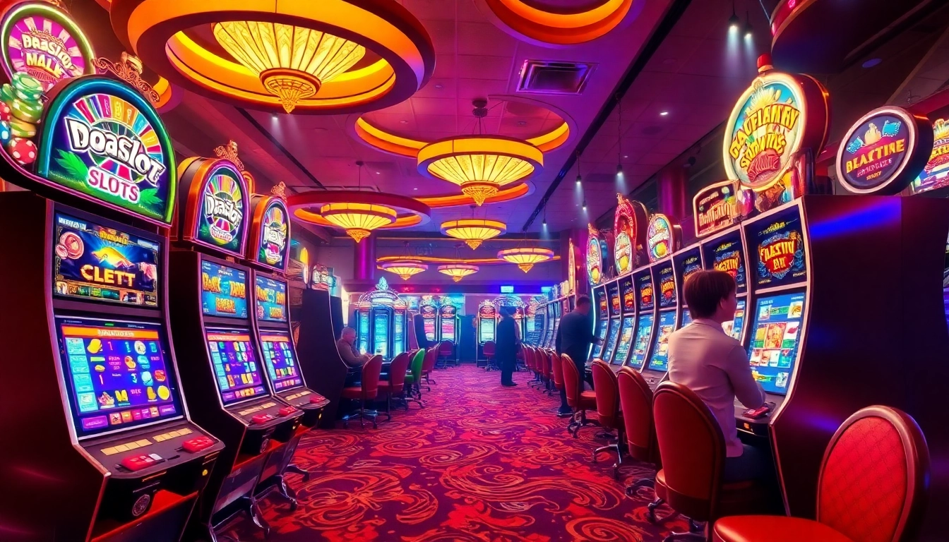 Players engaging with vibrant doaslot slot machines in a luxurious casino setting.