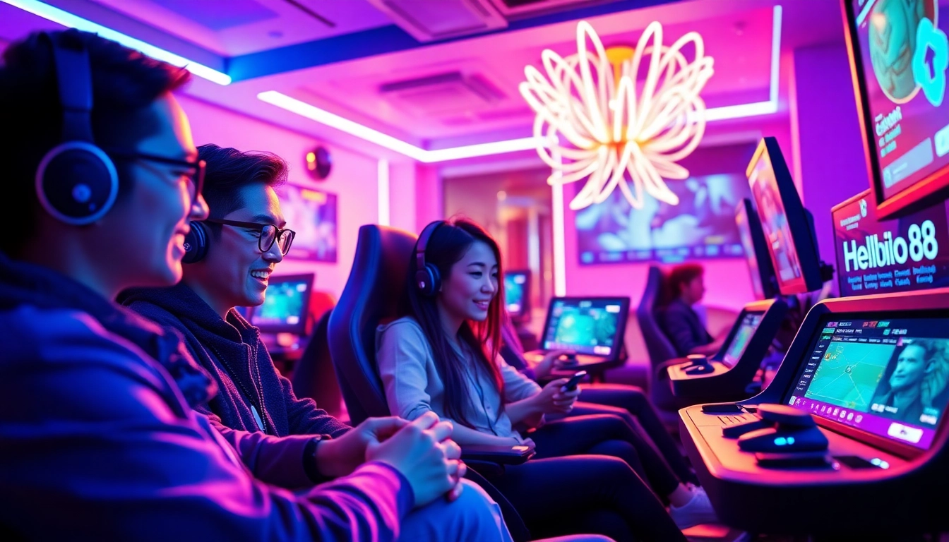 Players enjoying a thrilling online gaming experience at Hello88 with modern devices and vibrant ambiance.