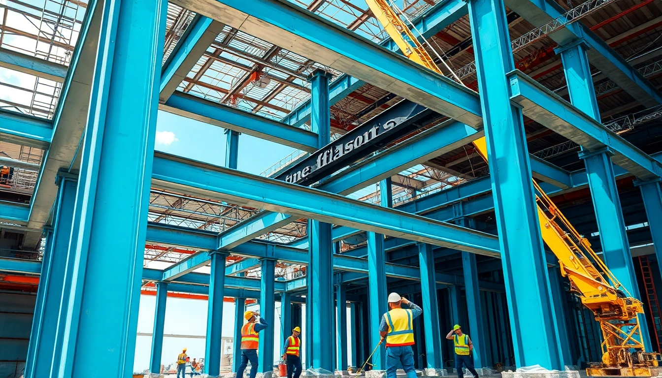 Workers performing structural steel installation with precision and teamwork in a construction site.