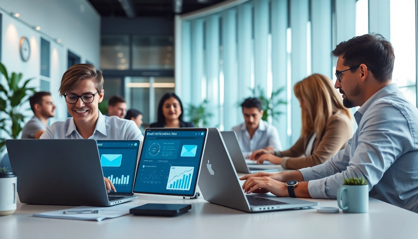 Email verification professionals collaborating in a modern office environment, showcasing innovative tools.