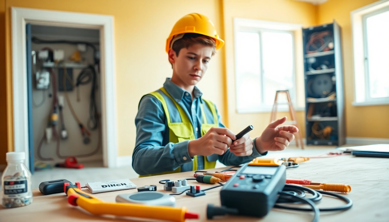Electrician apprenticeship Hawaii: An apprentice focuses on residential wiring in a well-lit home.
