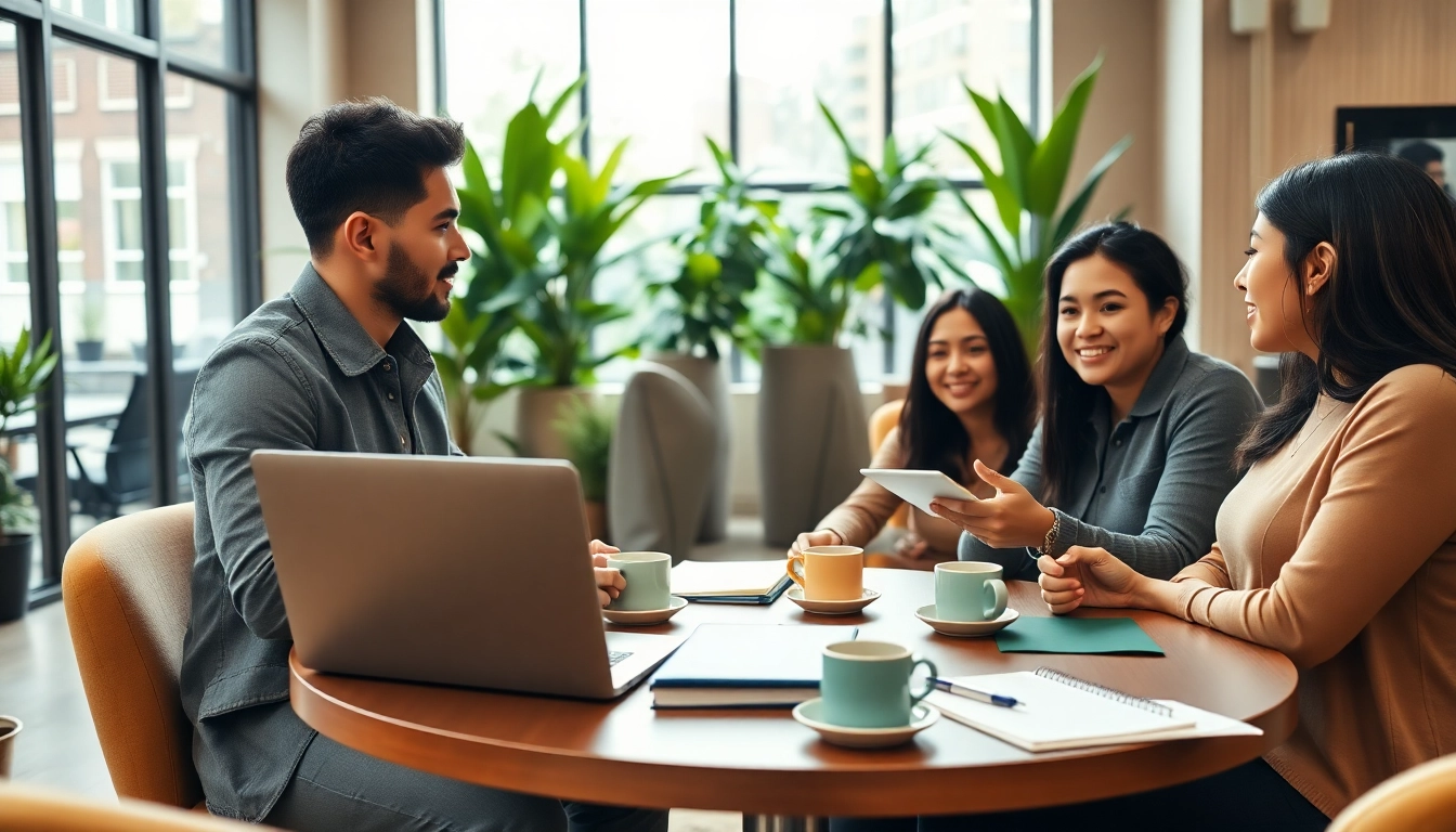 Engaging business coaching service session showcasing a confident coach and diverse clients.